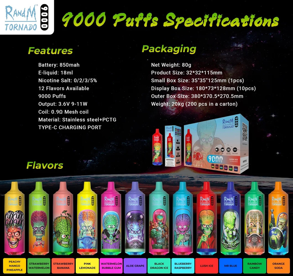 2022 Hot Selling New Release Cheap Price Original Randm Tornado 9000 0% 2% 3% 5% Nicotine Salt Electronic Cigarette Disposable Vape