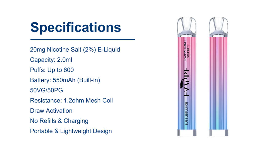 Best Selling Pod 550mAh Vaper with Custom Logo 2ml Evappe Nano 2% Nic 600 Puffs Vapes Pod Vape Pen