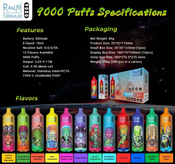 Cool Alien Species Designs 9K Puffs Durable & Decent Rechargeable Disposable E Cigarette Randm Tornado 9000 Puffs Vape