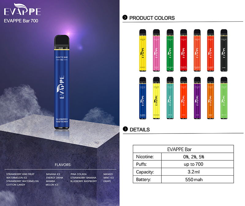 Evappe Bar 700puffs Vape Pen Disposable E-Vape with China Factory Quality Vs Puff Plus