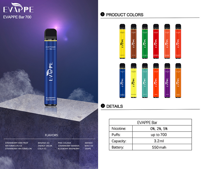 OEM/ODM Wholesale 0% 2% 5% Nicotine Evappe Bar 700 Puffs 3.2ml 550mAh Vape Electronic Cigarette